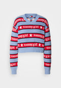 Blauer Crop-Pullover mit roten und schwarzen Streifen. Verfügt über wiederkehrenden "tommygirl"-Text und Sternmotive. Strukturierter Strickstoff.