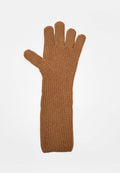 Brauner gestrickter Handschuh mit langem Bund, fünf Fingern und strukturierter Oberfläche, geeignet für Wärme und Komfort bei kalten Bedingungen.
