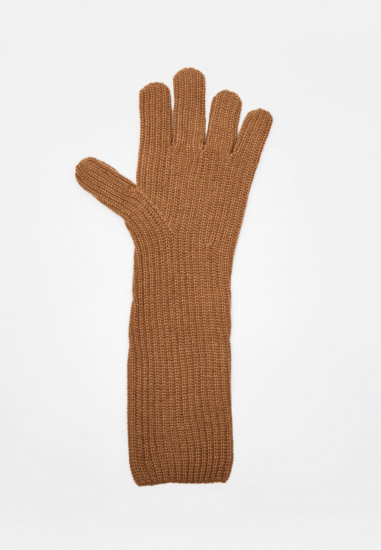 Brauner gestrickter Handschuh mit langem Bund, fünf Fingern und strukturierter Oberfläche, geeignet für Wärme und Komfort bei kalten Bedingungen.
