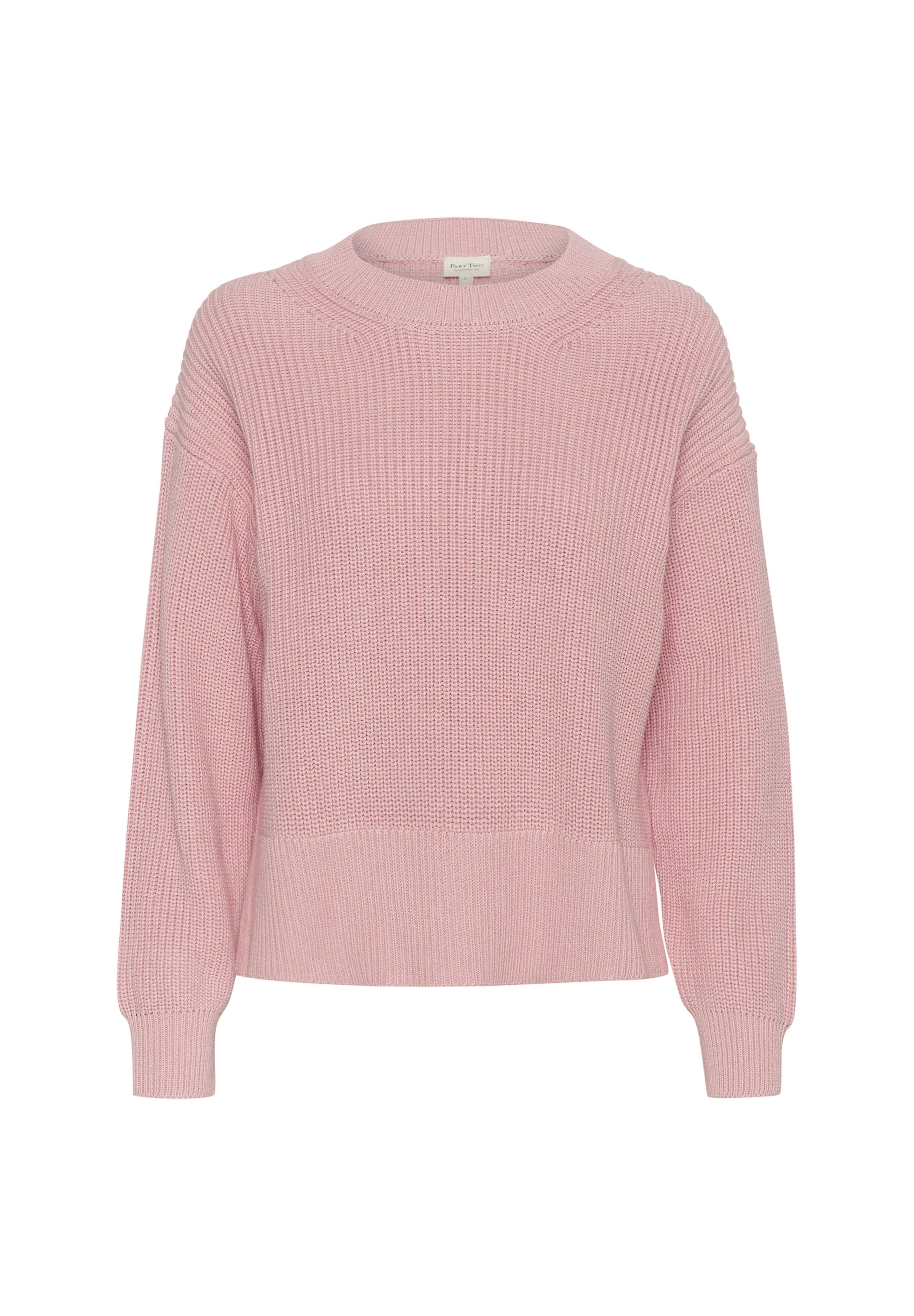 Rosa gestrickter Pullover mit Rundhalsausschnitt, überschnittenen Schultern und gerippten Bündchen. Verfügt über ein strukturiertes Strickmuster und eine lockere Passform.