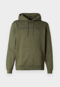 Olivgrüner Kapuzenpullover mit einer Kängurutasche, Kordeln und einem navyblauen "TOMMY JEANS"-Logo auf der Brust. Rippbündchen und -saum. Weicher Stoff.