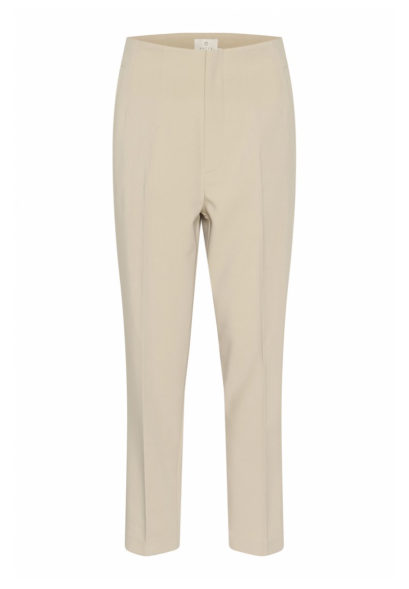 Beige maßgeschneiderte Hose mit hoher Taille, geradem Bein und vorderer Bügelfalte. Gefertigt aus glattem Stoff ohne sichtbare Beschläge oder Muster.