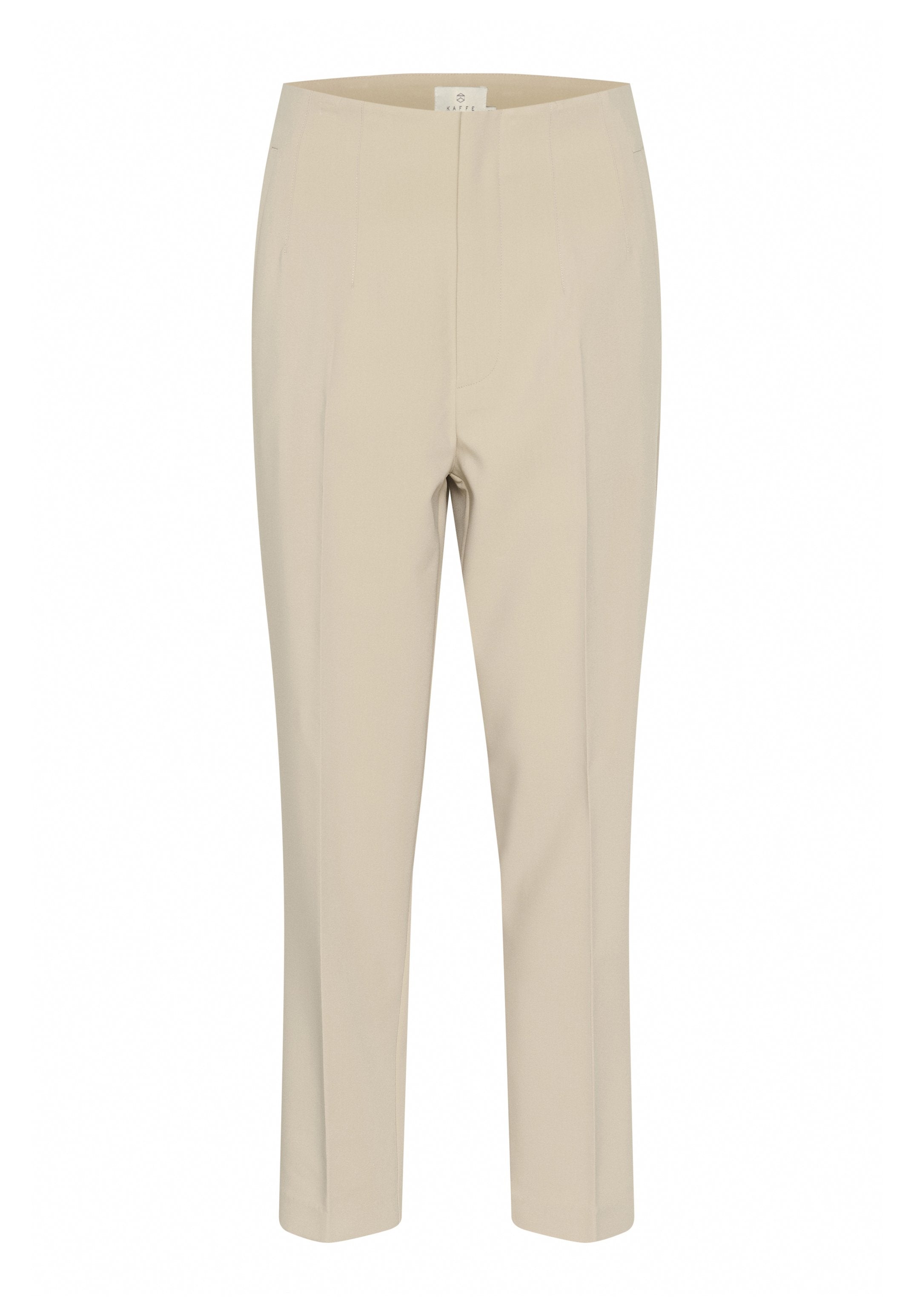 Beige maßgeschneiderte Hose mit hoher Taille, geradem Bein und vorderer Bügelfalte. Gefertigt aus glattem Stoff ohne sichtbare Beschläge oder Muster.
