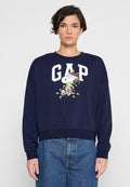 Marineblauer Sweatshirt mit weißem "GAP"-Logo und einem bunten Snoopy-Design mit Weihnachtslichtern. Lockerer Schnitt, gerippte Bündchen und Saum.