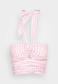 Rosa-weiße Karomuster-Bandeau-Oberteil mit einer zentralen Twist-Detail und verstellbaren Bindeband-Trägern. Hat eine geraffte Textur im ganzen.