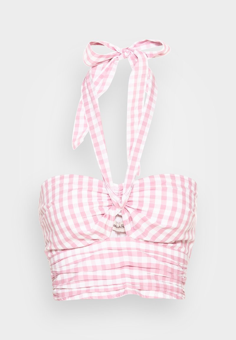 Rosa-weiße Karomuster-Bandeau-Oberteil mit einer zentralen Twist-Detail und verstellbaren Bindeband-Trägern. Hat eine geraffte Textur im ganzen.
