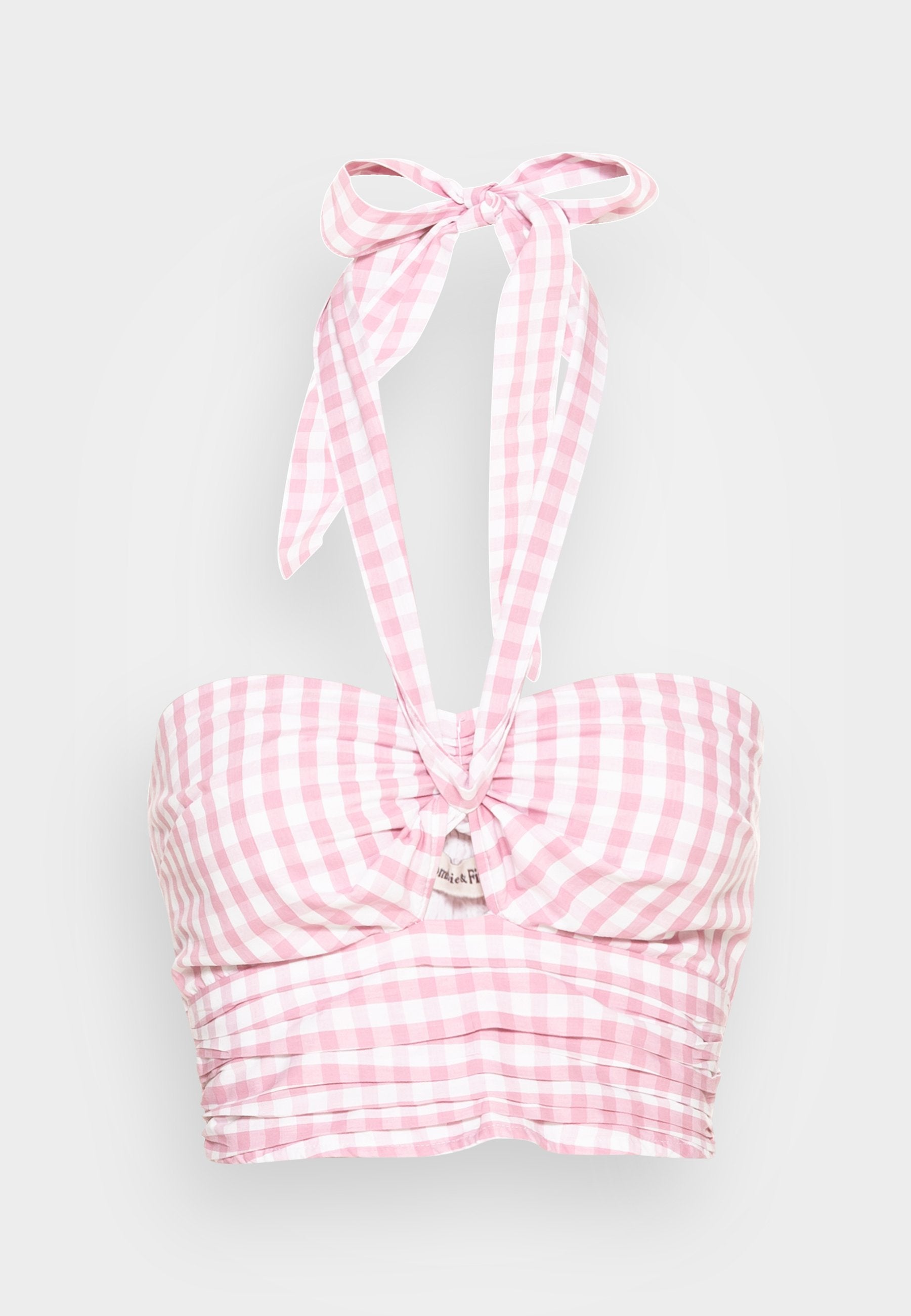 Rosa-weiße Karomuster-Bandeau-Oberteil mit einer zentralen Twist-Detail und verstellbaren Bindeband-Trägern. Hat eine geraffte Textur im ganzen.