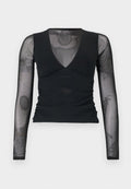 Schwarzes Langarmshirt mit transparenten Netzärmeln und V-Ausschnitt, mit gerafften Details an der Taille und einer figurbetonten Silhouette.