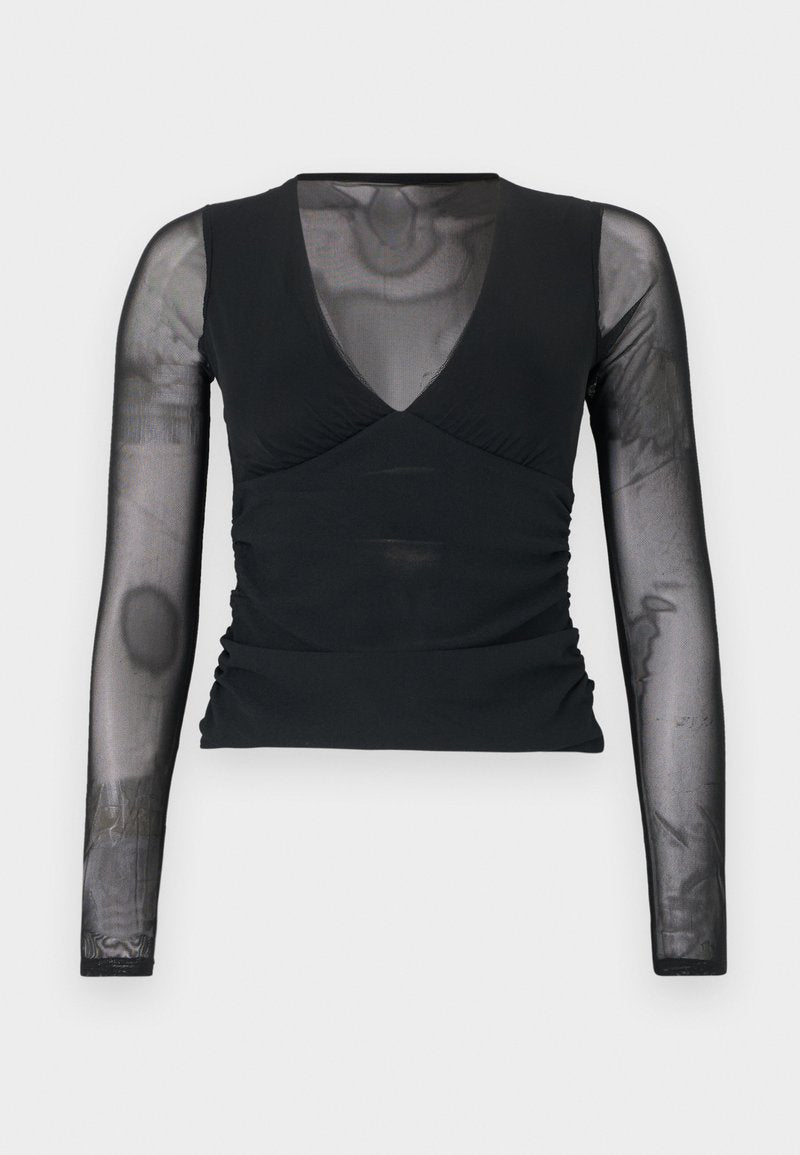 Schwarzes Langarmshirt mit transparenten Netzärmeln und V-Ausschnitt, mit gerafften Details an der Taille und einer figurbetonten Silhouette.