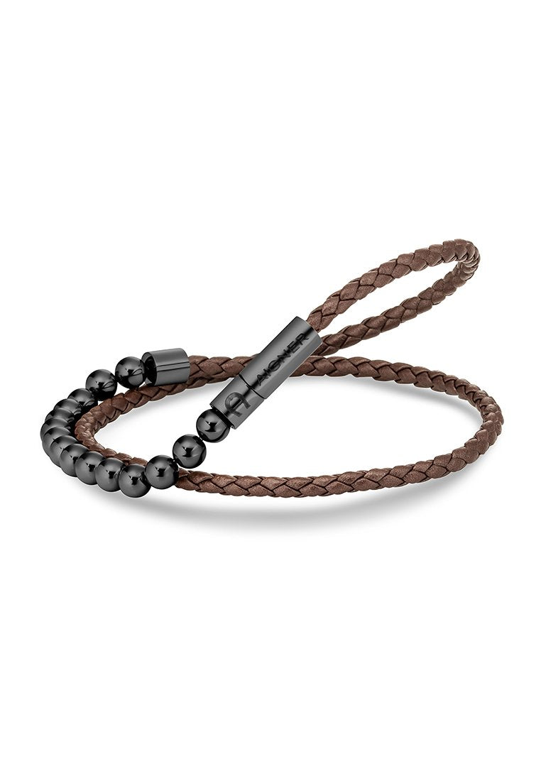 Braunes geflochtenes Lederarmband mit schwarzen Metallperlen und einem eleganten schwarzen Verschluss. Texturiertes Design mit abwechselnden Perlengrößen.