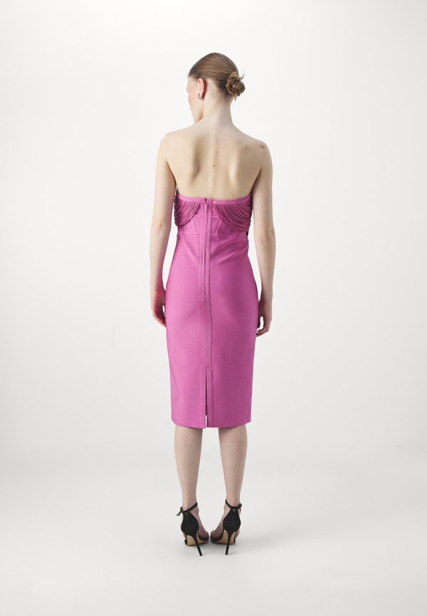 Hervé Léger DRAPED STRAPLESS FRINGE MIDI DRESS
