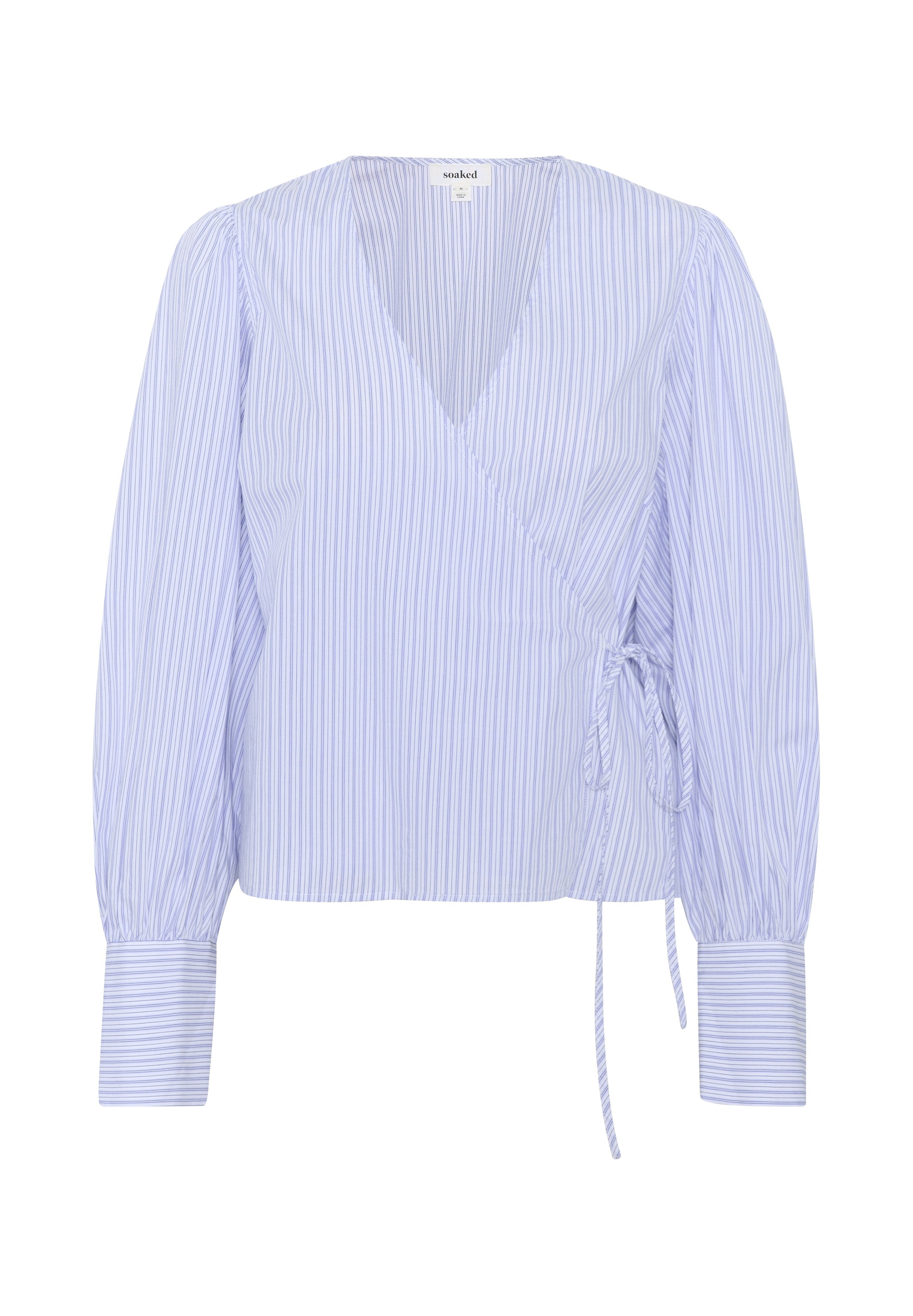 Gestreiftes Wickelbluse in Blau und Weiß mit tiefem V-Ausschnitt, puffierten langen Ärmeln und Bindebändern an der Taille. Glattes Baumwollmaterial.
