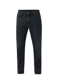 Schwarze Jeans aus Denim mit geradem Schnitt, Reißverschluss und fünf Taschen. Der Stoff hat eine subtile Struktur mit einem leicht verwaschenen Finish.