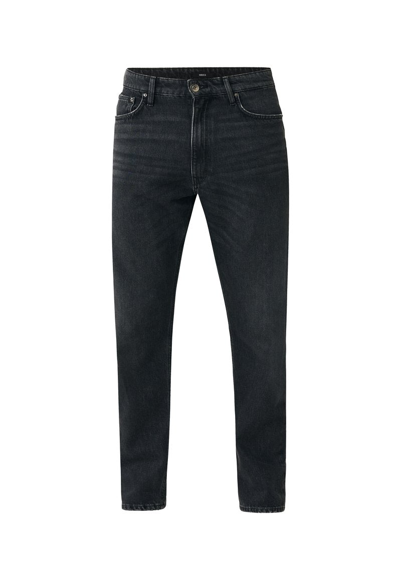 Schwarze Jeans aus Denim mit geradem Schnitt, Reißverschluss und fünf Taschen. Der Stoff hat eine subtile Struktur mit einem leicht verwaschenen Finish.