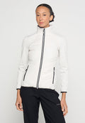 Leichte, weiße Jacke mit hohem Kragen, Reißverschluss vorne und kontrastierenden schwarzen Akzenten, mit gesteppten und glatten Texturen.
