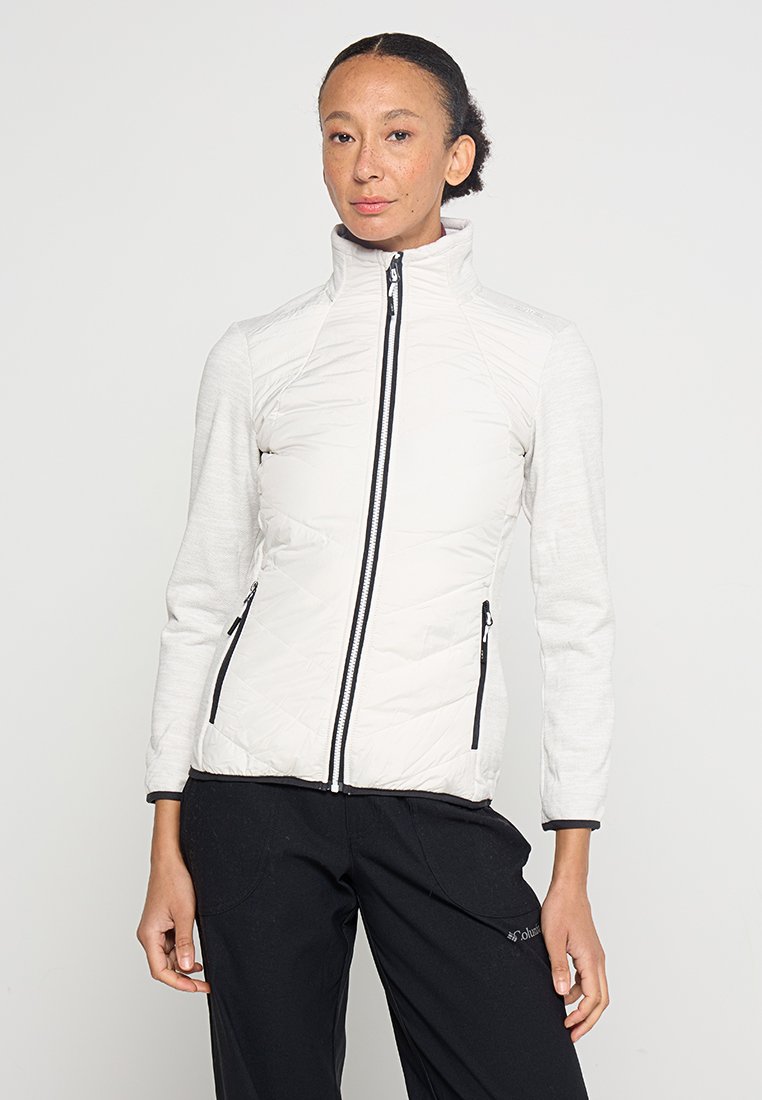 Leichte, weiße Jacke mit hohem Kragen, Reißverschluss vorne und kontrastierenden schwarzen Akzenten, mit gesteppten und glatten Texturen.