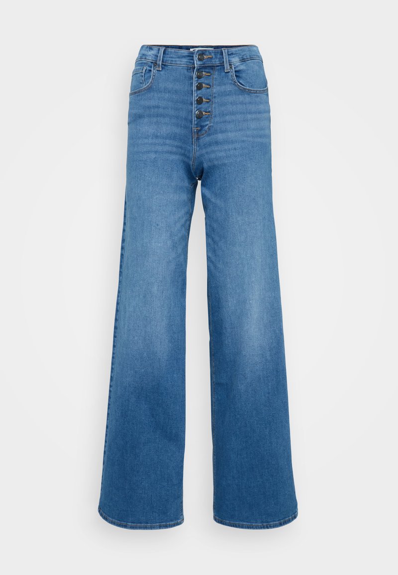 Hoch taillierte, weit geschnittene blaue Jeans aus Denim mit einer fünfknöpfigen Vorderseite und klassischen Nähdetails.