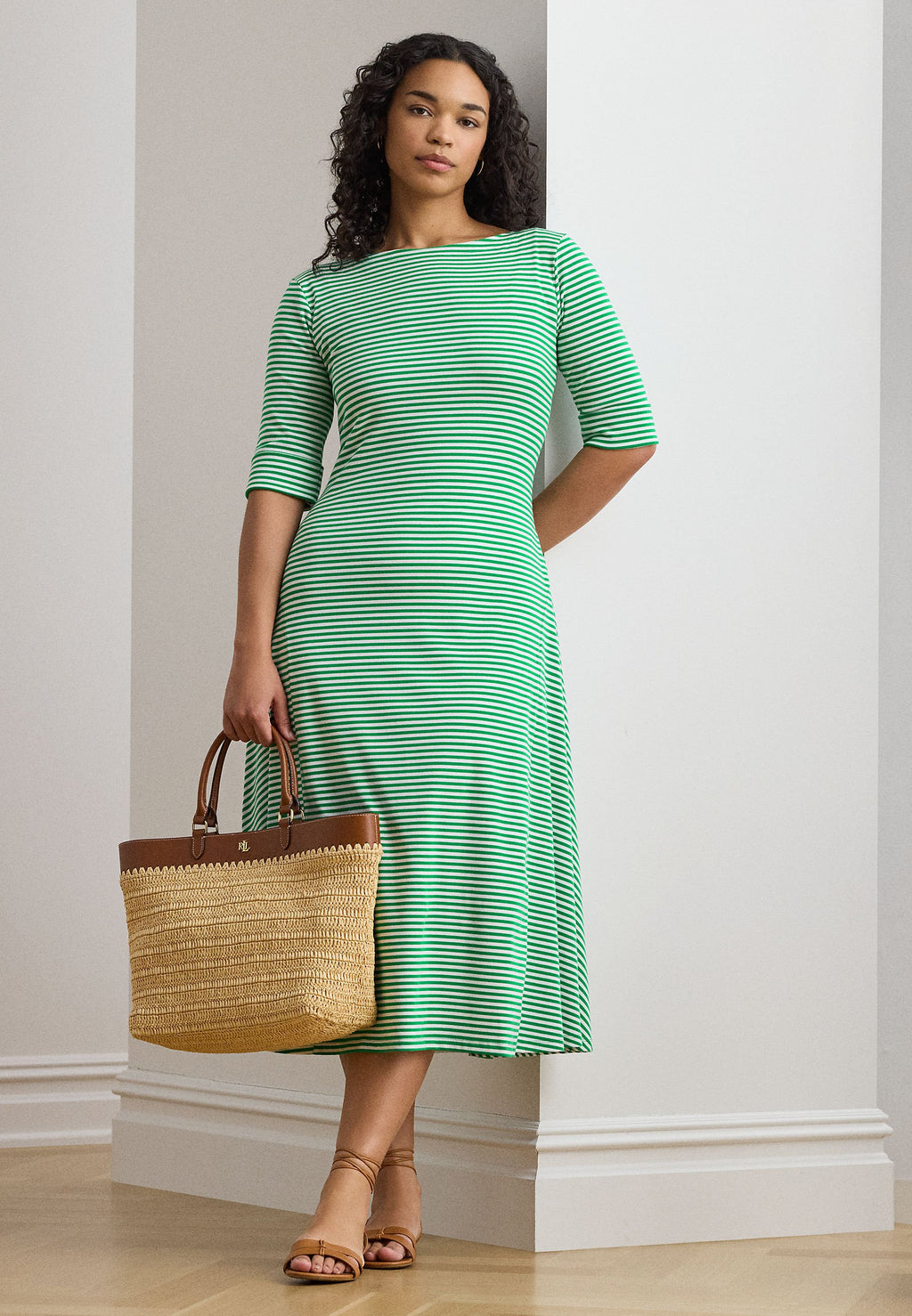 Lauren Ralph Lauren Woman STRIPED STRETCH COTTON RIBBED MIDI DRESS