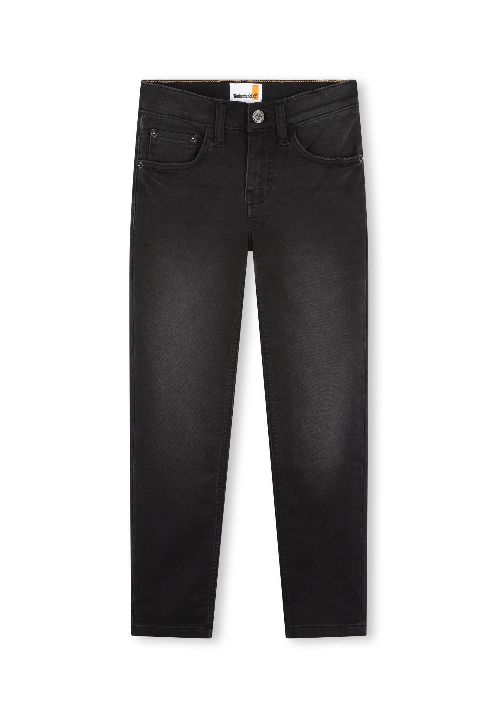 Schwarze Denim-Jeans in Slim-Fit, mit vorderen Taschen und dezenten Steppnähten. Mit einem Knopfverschluss und einem Markenlabel am Bund.