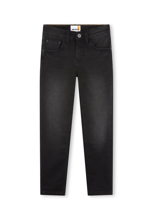 Schwarze Denim-Jeans in Slim-Fit, mit vorderen Taschen und dezenten Steppnähten. Mit einem Knopfverschluss und einem Markenlabel am Bund.