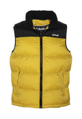 Gelber Puffer-Weste mit schwarzem Reißverschlusskragen, versehen mit einem Frontreißverschluss, seitlichen Taschen und einem gesteppten Muster. Markenlogo auf der Brust.