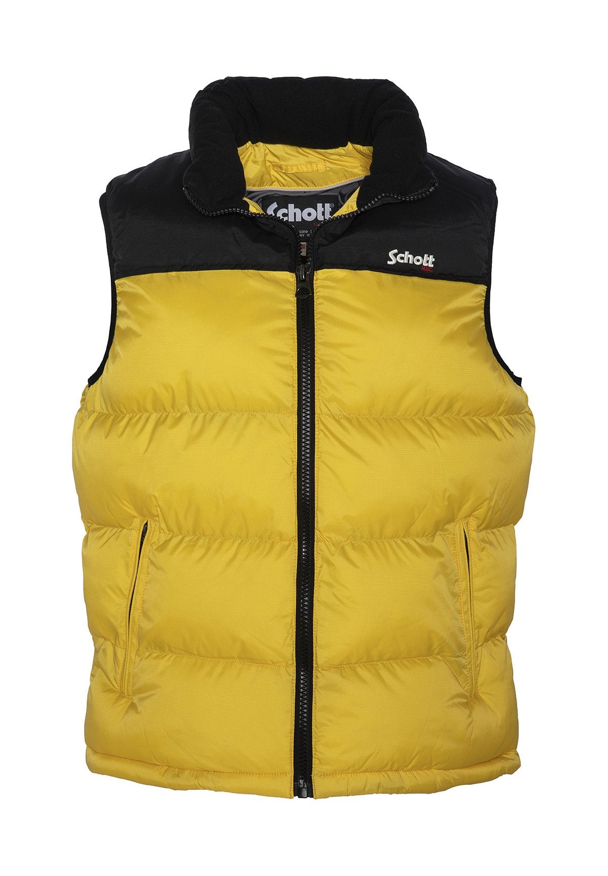 Gelber Puffer-Weste mit schwarzem Reißverschlusskragen, versehen mit einem Frontreißverschluss, seitlichen Taschen und einem gesteppten Muster. Markenlogo auf der Brust.