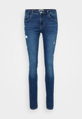 Schmale blaue Jeans aus Denim mit verwaschenen Details, Fünf-Taschen-Design und einem Knopfverschluss an der Taille.