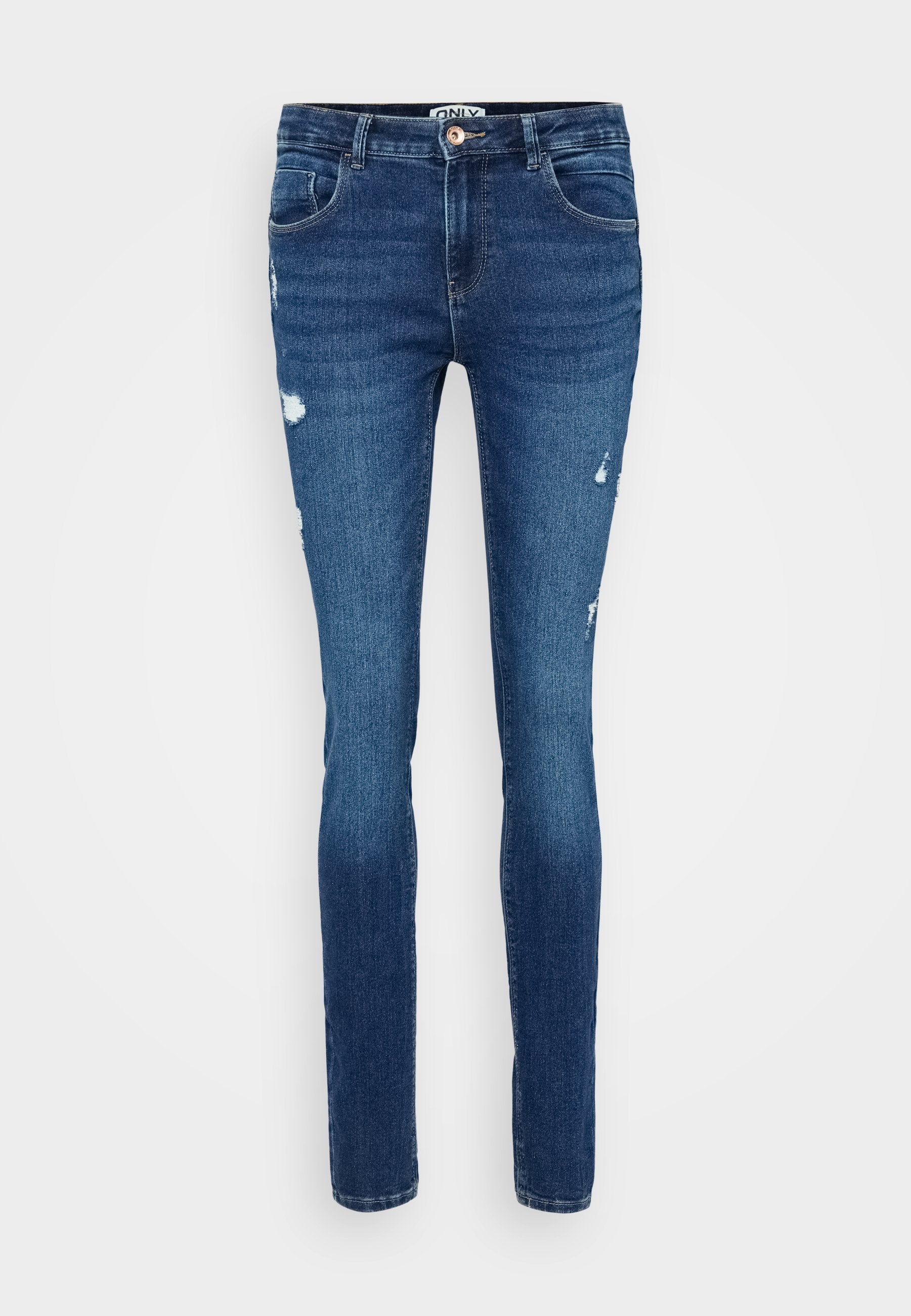 Schmale blaue Jeans aus Denim mit verwaschenen Details, Fünf-Taschen-Design und einem Knopfverschluss an der Taille.