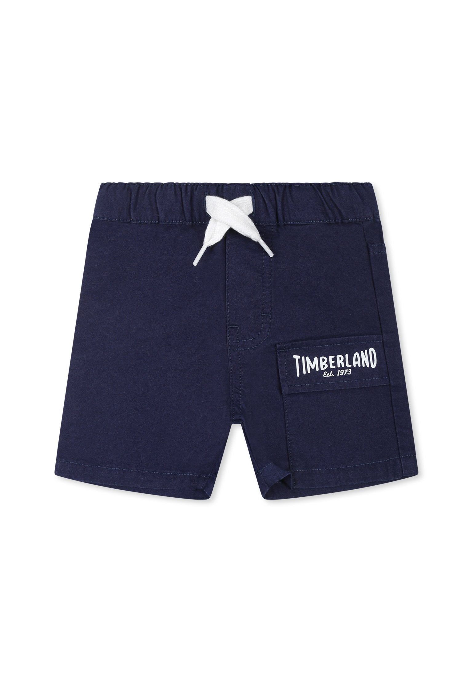 Dunkelblaue Shorts aus strapazierfähigem Stoff, mit einem weißen Kordelzugbund, Seitentasche und weißem "Timberland"-Logodetail.