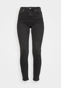 Schwarze hochtaillierte Skinny Jeans aus Denim mit Knopfverschluss, fünf Taschen und einer glatten, leicht dehnbaren Textur.