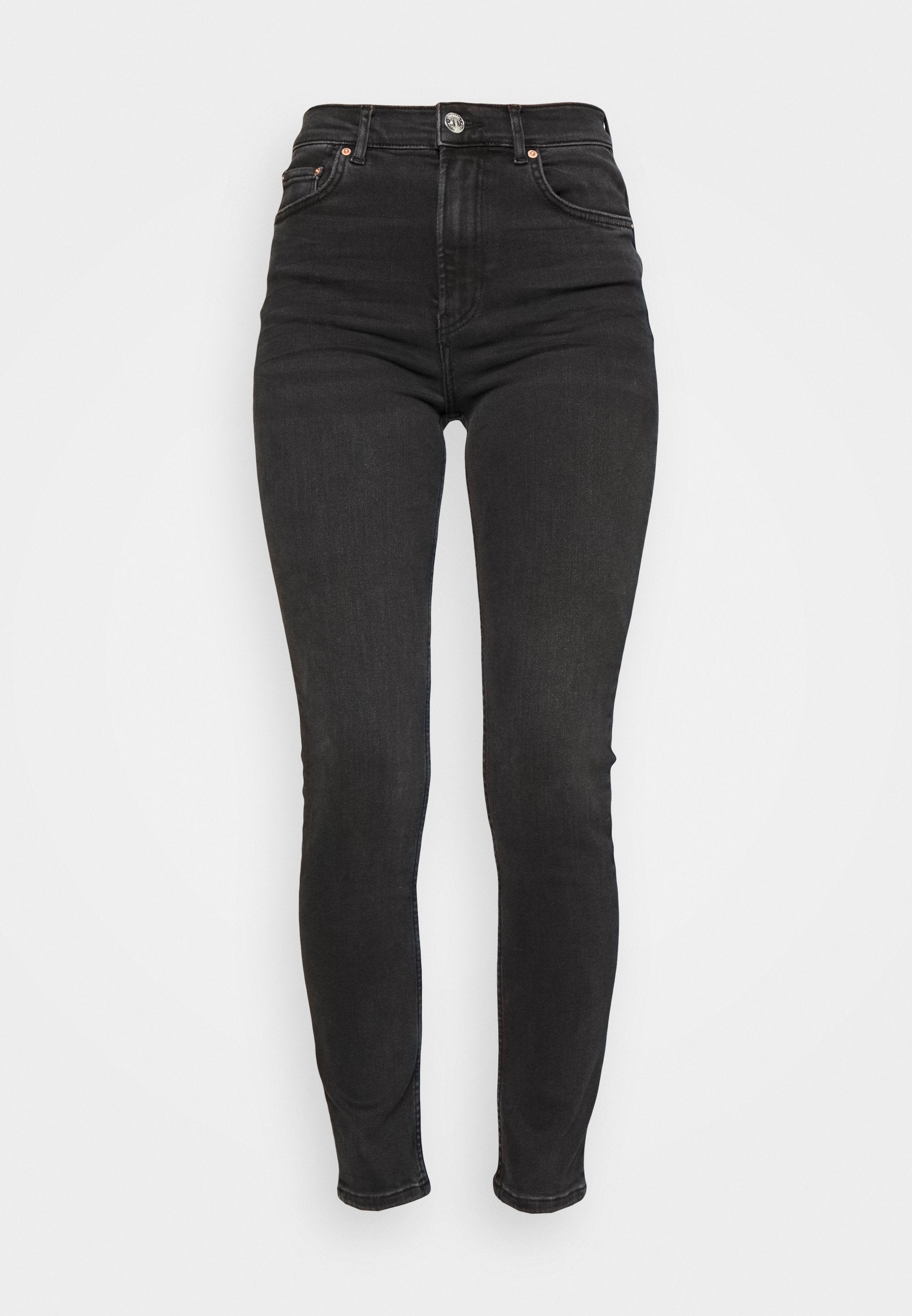 Schwarze hochtaillierte Skinny Jeans aus Denim mit Knopfverschluss, fünf Taschen und einer glatten, leicht dehnbaren Textur.