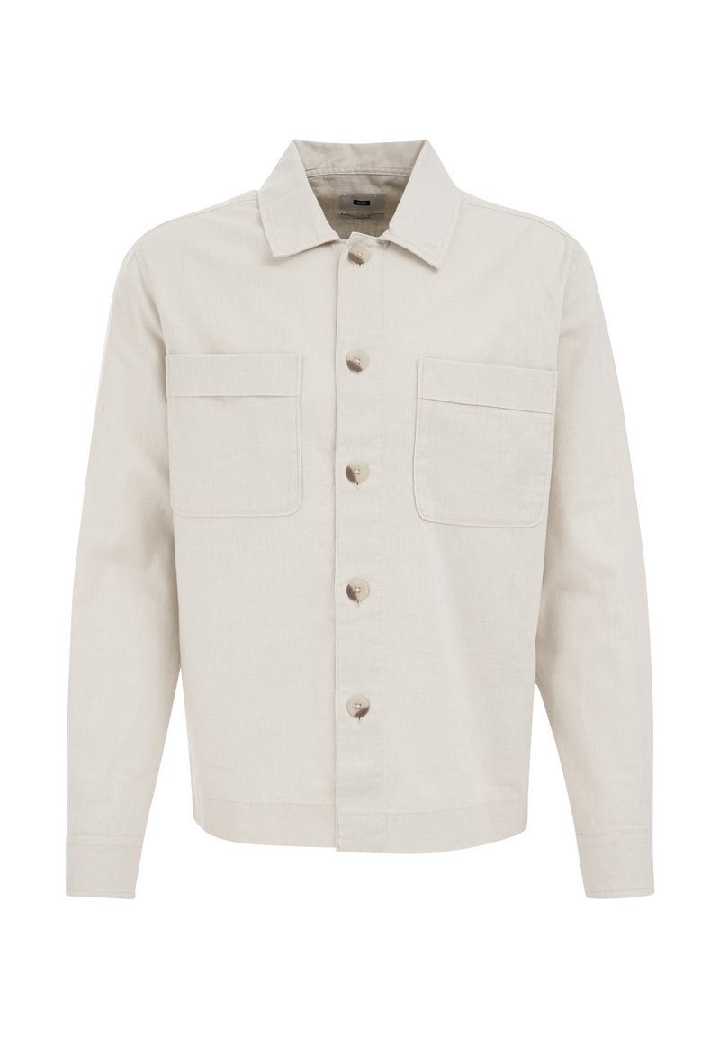 Helle beige Jacke aus strukturiertem Stoff mit Kragen, Knopfverschluss und zwei Brusttaschen. Einfaches, geradliniges Design.