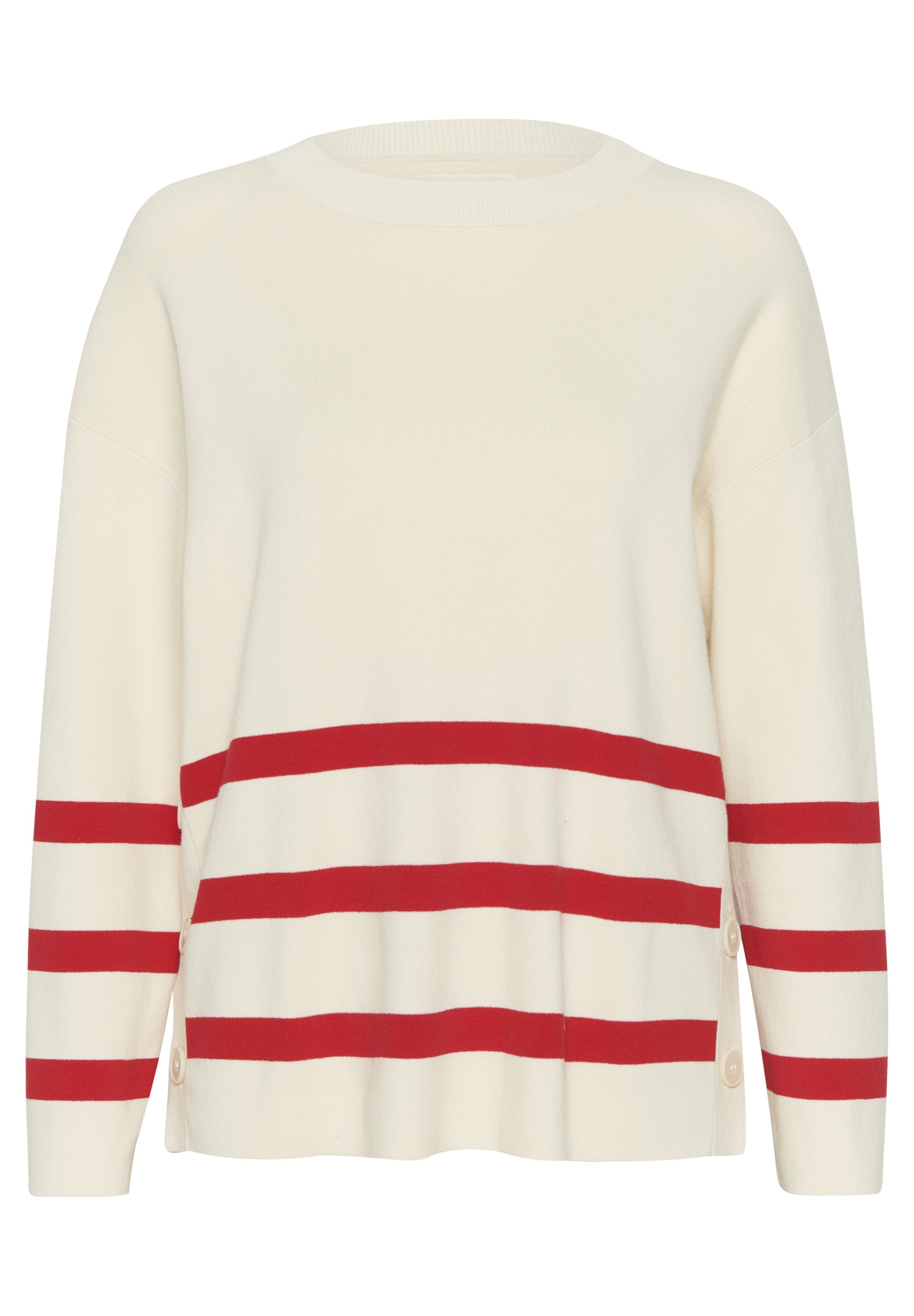 Cremefarbener Pullover mit drei roten horizontalen Streifen, geripptem Ausschnitt und Knopfakzenten an den Seiten. Weicher Strickstoff.
