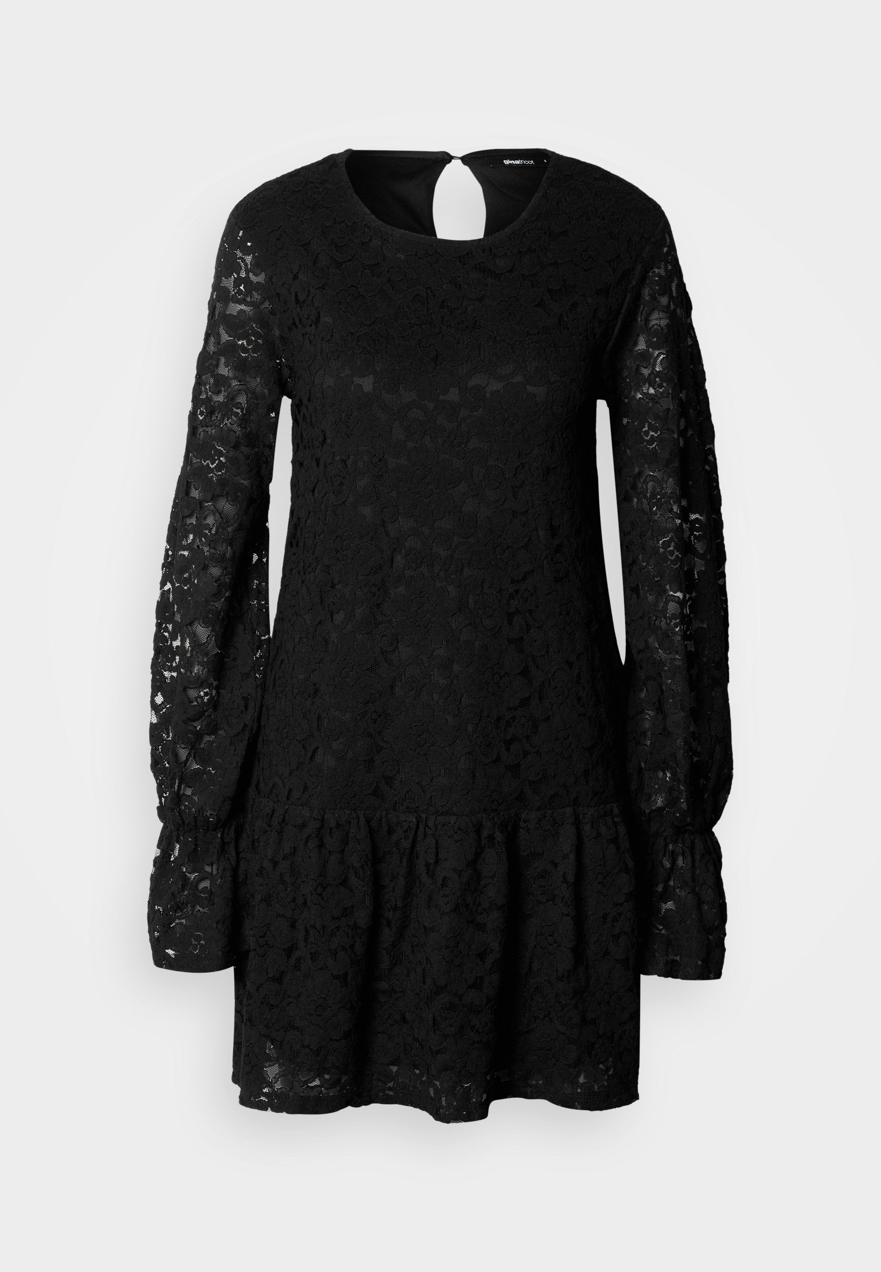 Schwarzes Spitzenkleid mit langen Puffärmeln, rundem Ausschnitt und einem Ausschnitt mit Schlitz am Rücken. Verfügt über einen ausgestellten Saum mit einem strukturierten Blumenmuster.
