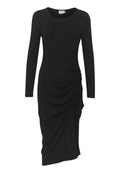 Schwarz langärmliges Kleid mit einem Rundhalsausschnitt, das auf einer Seite Raffungselemente und einen drapierten Saum für eine schlanke Silhouette aufweist.