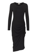 Schwarz langärmliges Kleid mit einem Rundhalsausschnitt, das auf einer Seite Raffungselemente und einen drapierten Saum für eine schlanke Silhouette aufweist.