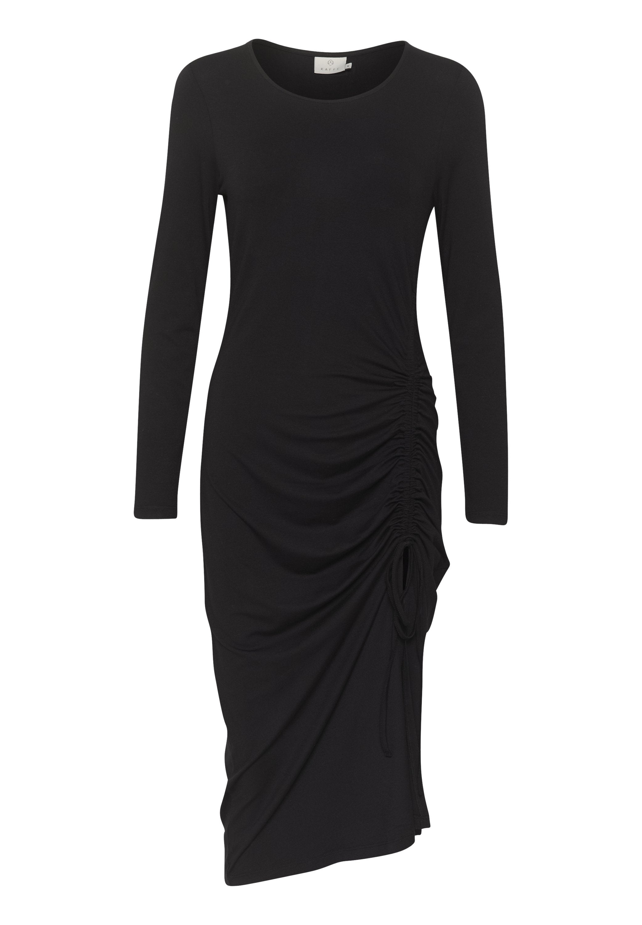 Schwarz langärmliges Kleid mit einem Rundhalsausschnitt, das auf einer Seite Raffungselemente und einen drapierten Saum für eine schlanke Silhouette aufweist.