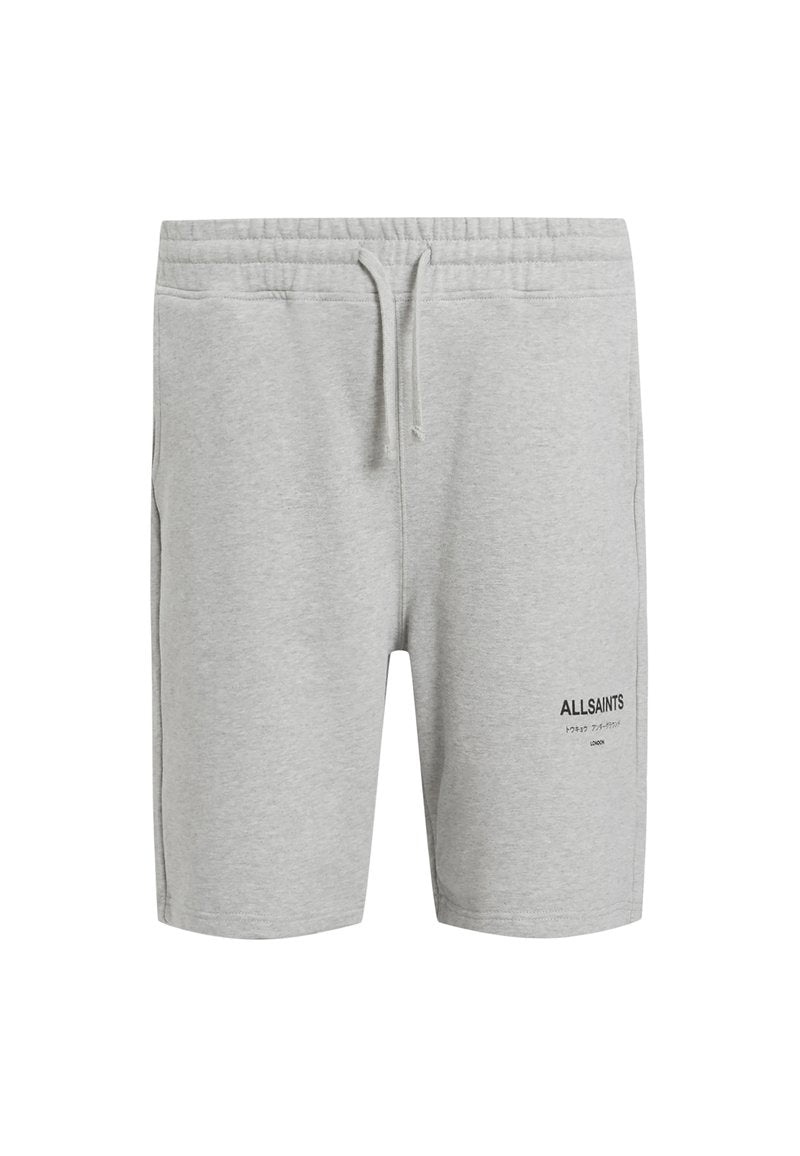 Graue Baumwollshorts mit elastischem Bund und Kordelzug. Mit Seitentaschen und einem schwarzen bedruckten Logo auf der Vorderseite.