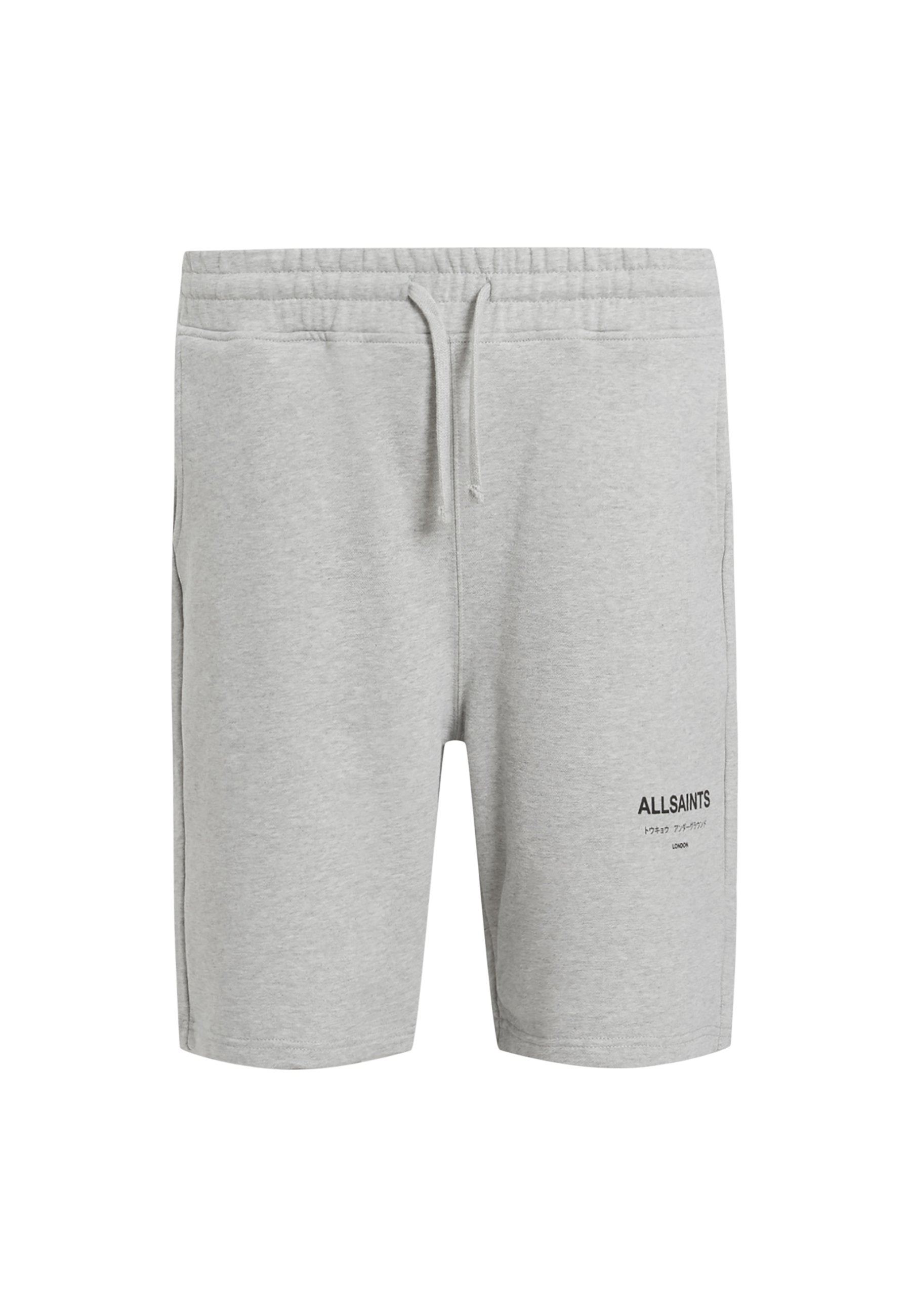 Graue Baumwollshorts mit elastischem Bund und Kordelzug. Mit Seitentaschen und einem schwarzen bedruckten Logo auf der Vorderseite.