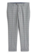 Graue karierte Slim-Fit-Anzughose mit Gürtelschlaufen, Vorderknopf, Reißverschluss und Seitentaschen, auf einem weißen Hintergrund präsentiert.