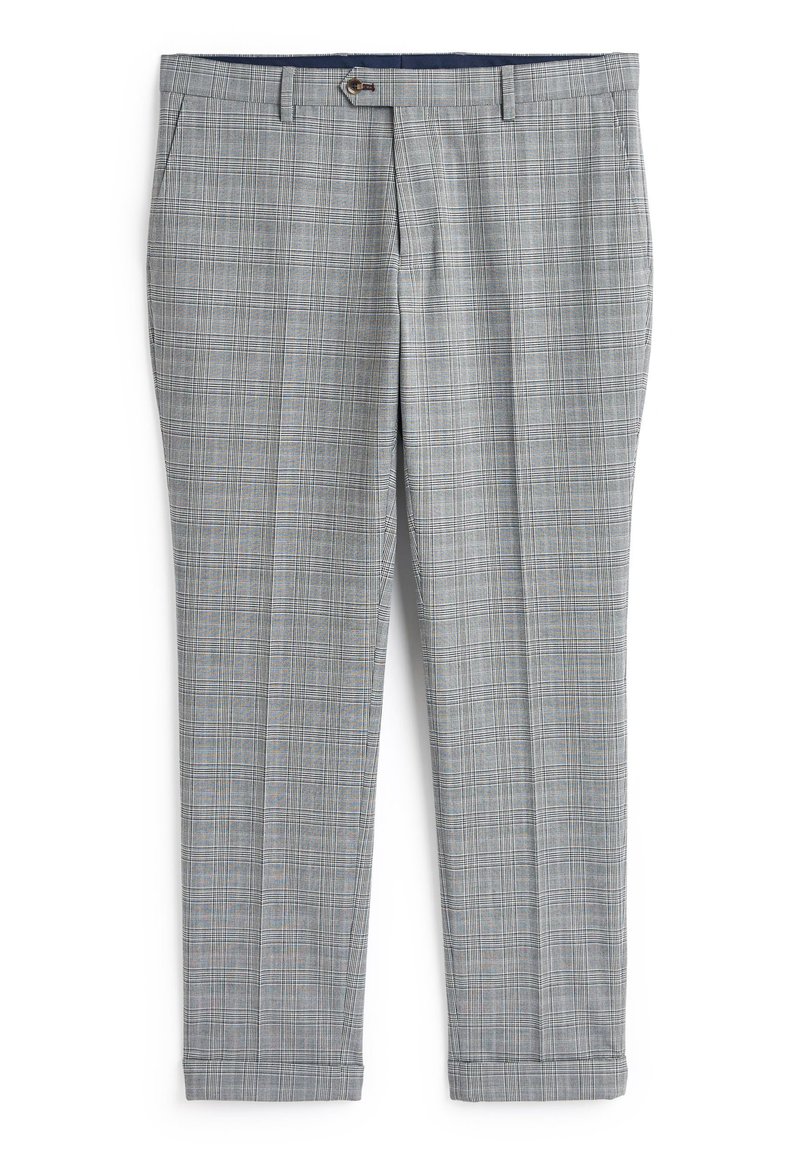 Graue karierte Slim-Fit-Anzughose mit Gürtelschlaufen, Vorderknopf, Reißverschluss und Seitentaschen, auf einem weißen Hintergrund präsentiert.