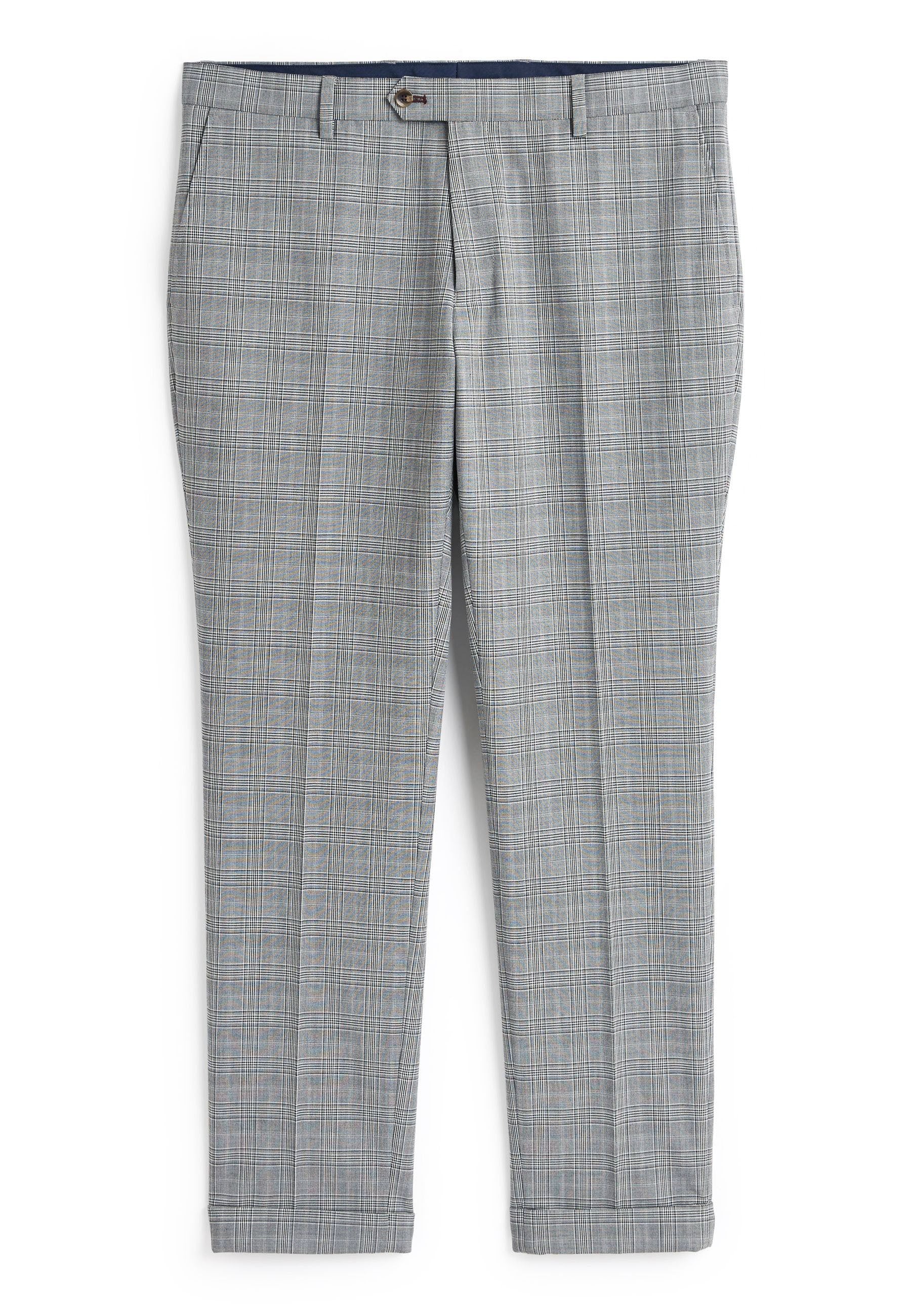Graue karierte Slim-Fit-Anzughose mit Gürtelschlaufen, Vorderknopf, Reißverschluss und Seitentaschen, auf einem weißen Hintergrund präsentiert.