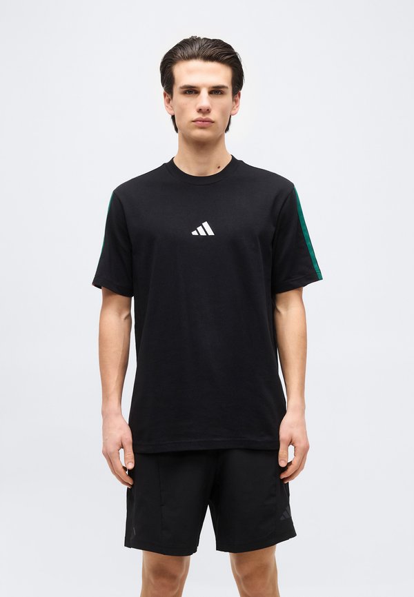 adidas Sportswear ESSENTIALS THREE STRIPES SINGLE - Print T-shirt - black/team dark green/white/better scarlet