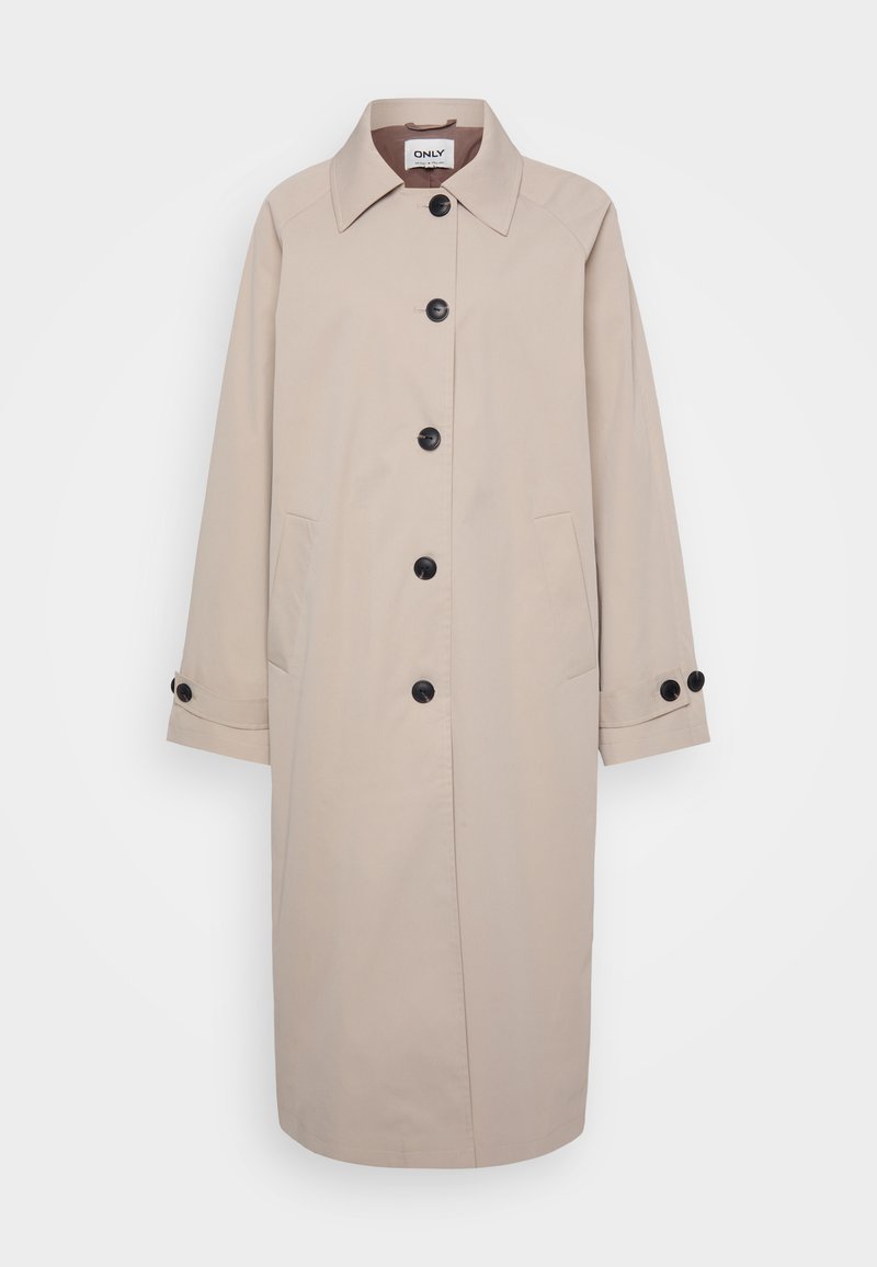 Beige Trenchcoat mit Kragen, schwarzen Knöpfen, zwei Seitentaschen und hochgerollten Manschetten. Hergestellt aus leichtem Stoff mit weicher Textur.