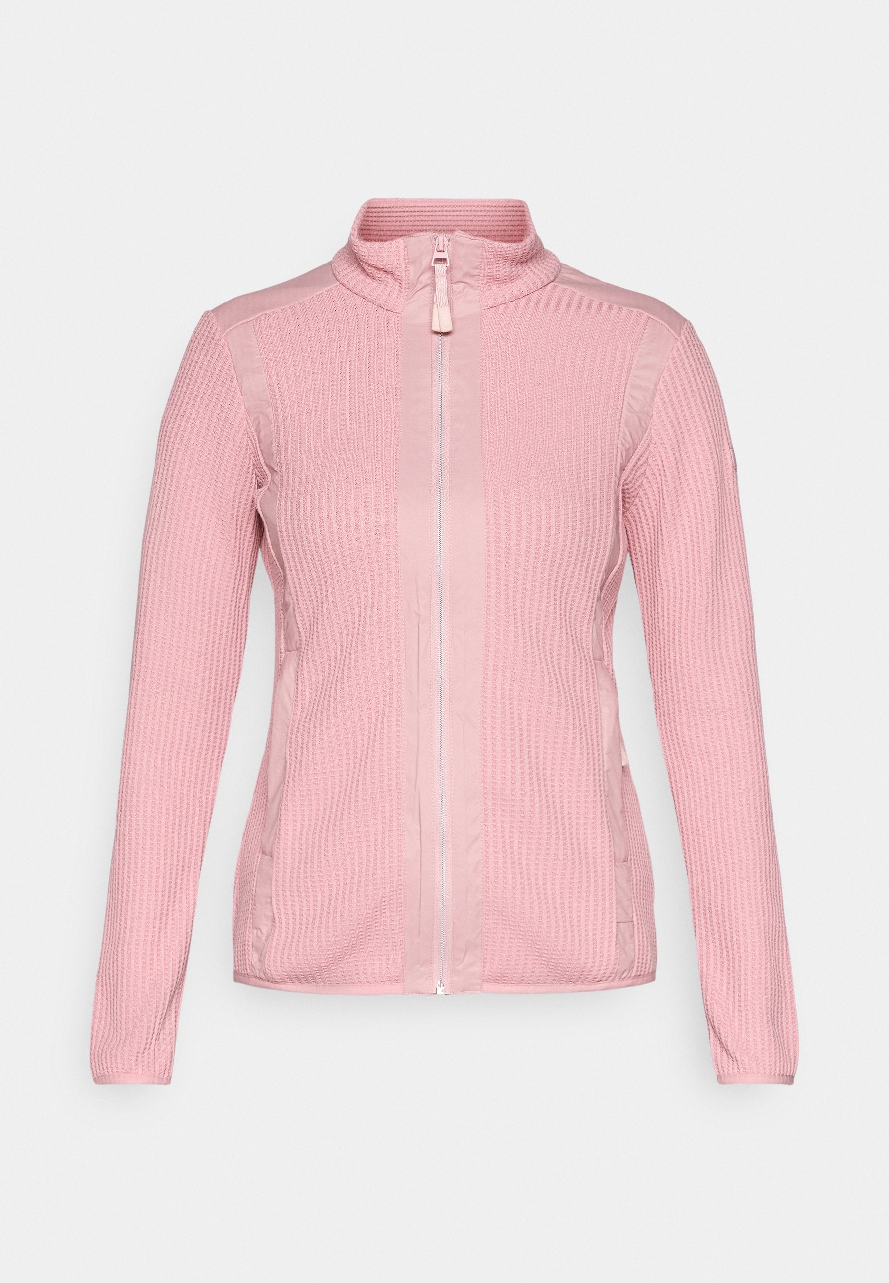 Helles rosa Zip-Up-Jacke aus strukturiertem Stoff mit Rippdetails, langen Ärmeln und seitlichen Taschen.