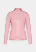 Helles rosa Zip-Up-Jacke aus strukturiertem Stoff mit Rippdetails, langen Ärmeln und seitlichen Taschen.