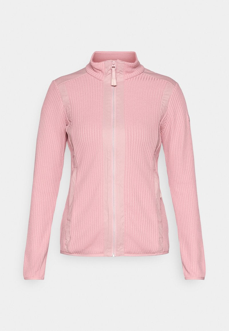 Helles rosa Zip-Up-Jacke aus strukturiertem Stoff mit Rippdetails, langen Ärmeln und seitlichen Taschen.