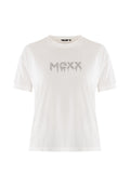 Weißes T-Shirt mit kurzen Ärmeln und Rundhalsausschnitt, das den Schriftzug "MEXX" in einem tropfenden Punktmuster auf der Brust zeigt.