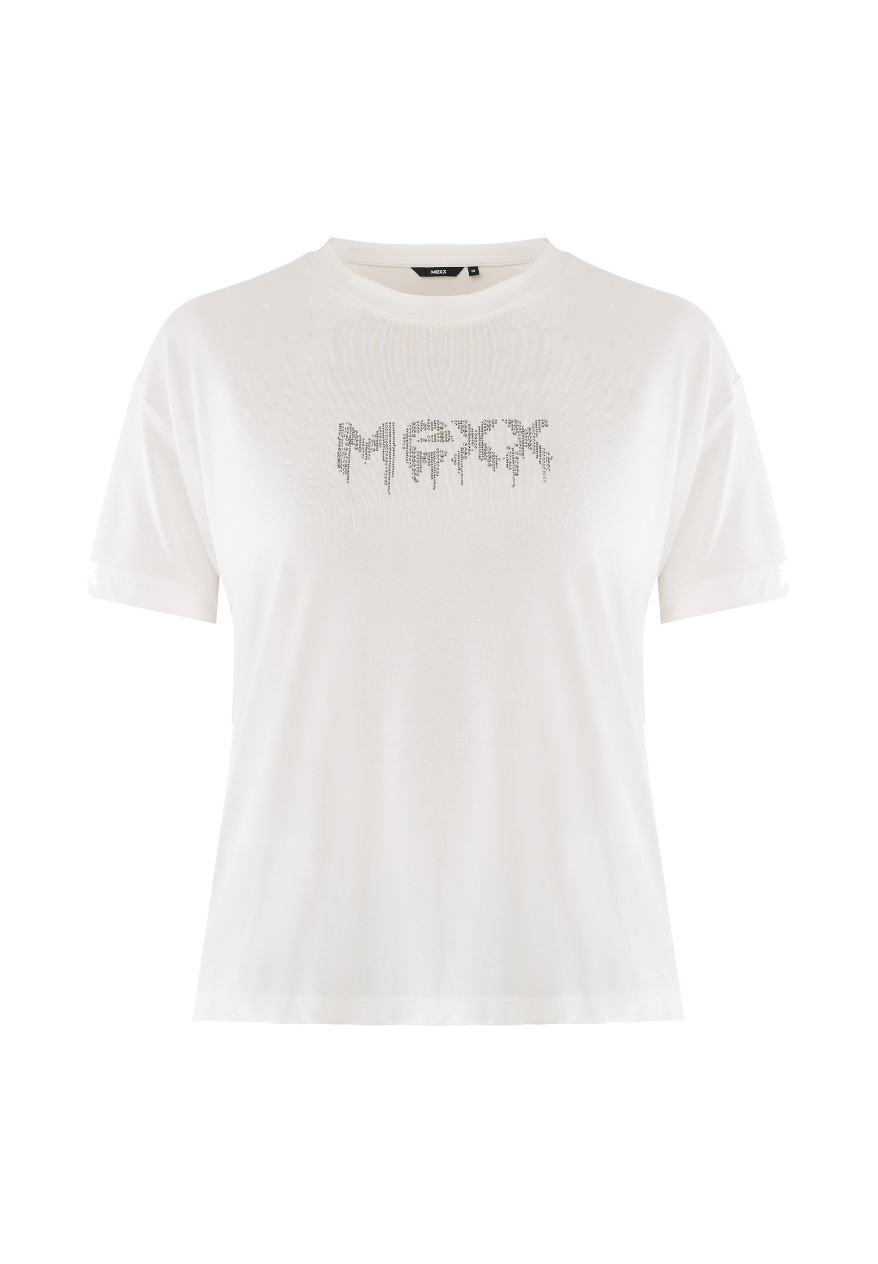 Weißes T-Shirt mit kurzen Ärmeln und Rundhalsausschnitt, das den Schriftzug "MEXX" in einem tropfenden Punktmuster auf der Brust zeigt.