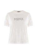 Weißes T-Shirt mit kurzen Ärmeln und Rundhalsausschnitt, das den Schriftzug "MEXX" in einem tropfenden Punktmuster auf der Brust zeigt.